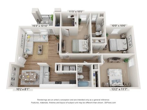 Floor plan for 3 beds, 2 baths, 1186 sqft